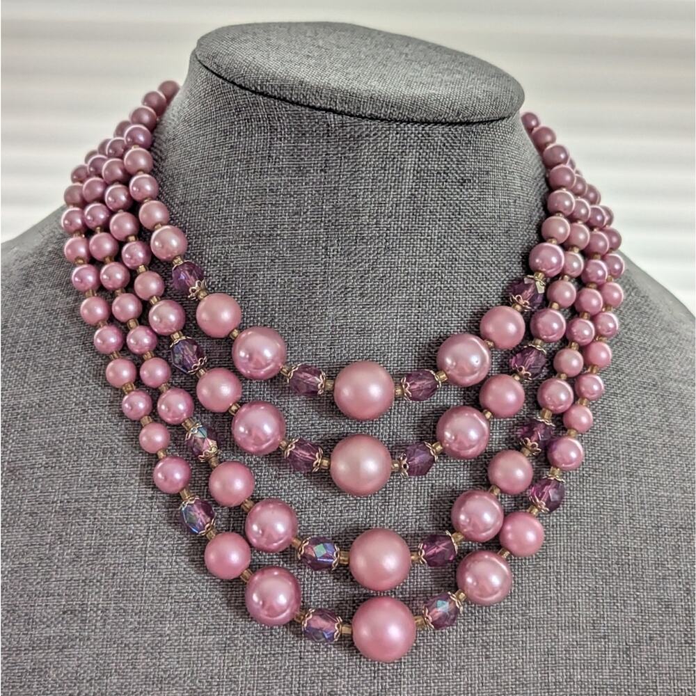 Vintage Multi Strand Signed Japan Layered AB Coated Beaded Collar Necklace